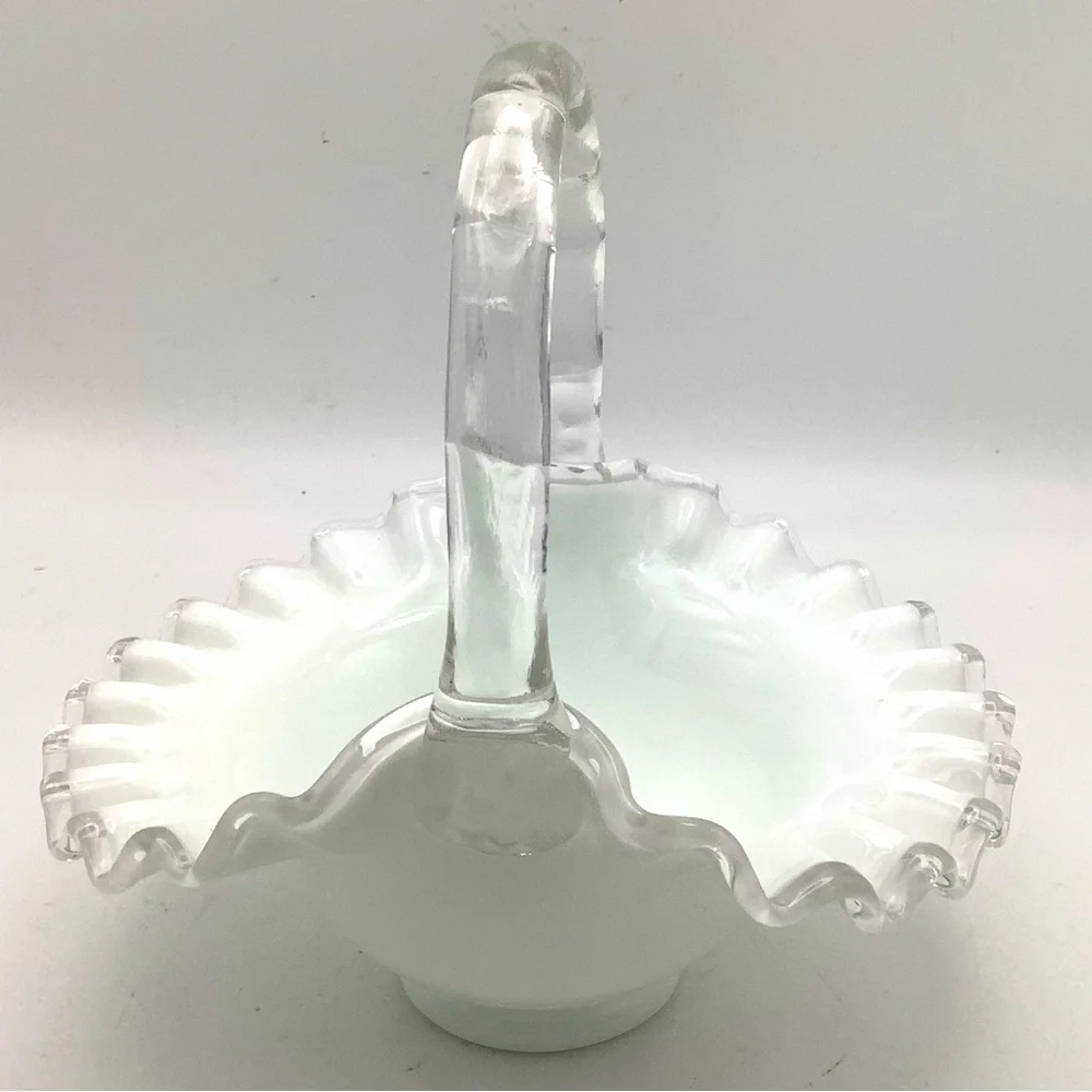 Vintage Fenton White Milk Glass Ruffled Edge Handled Basket